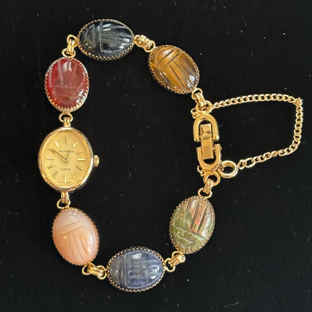 Vintage La Marque Scarab Multicolor Stones Gold-Tone and  Bracelet Watch